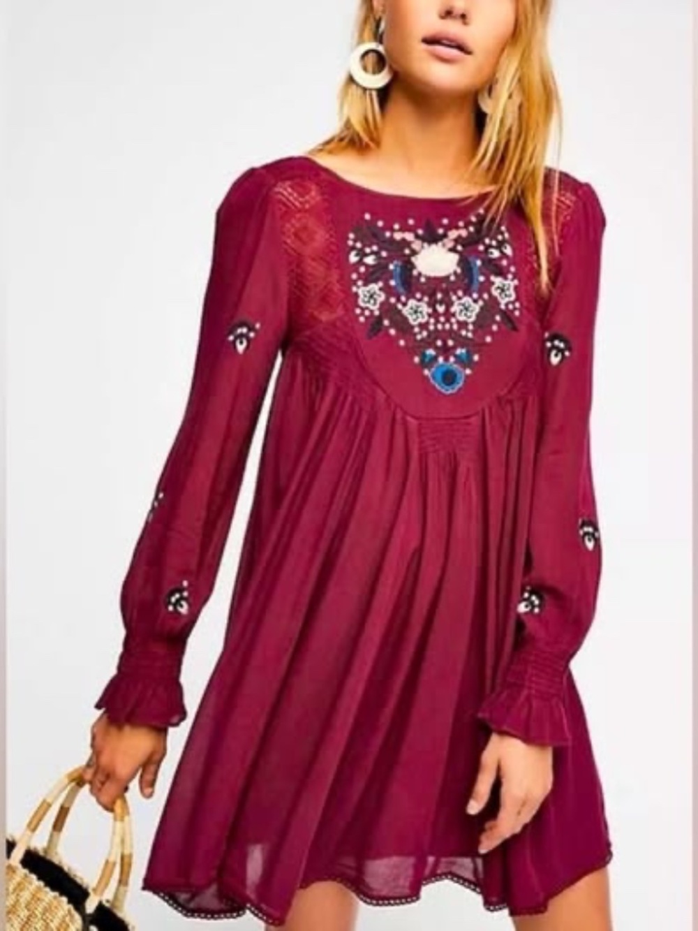 Free People Embroidered Open Back Boho Mini Dress Tunic – Medium